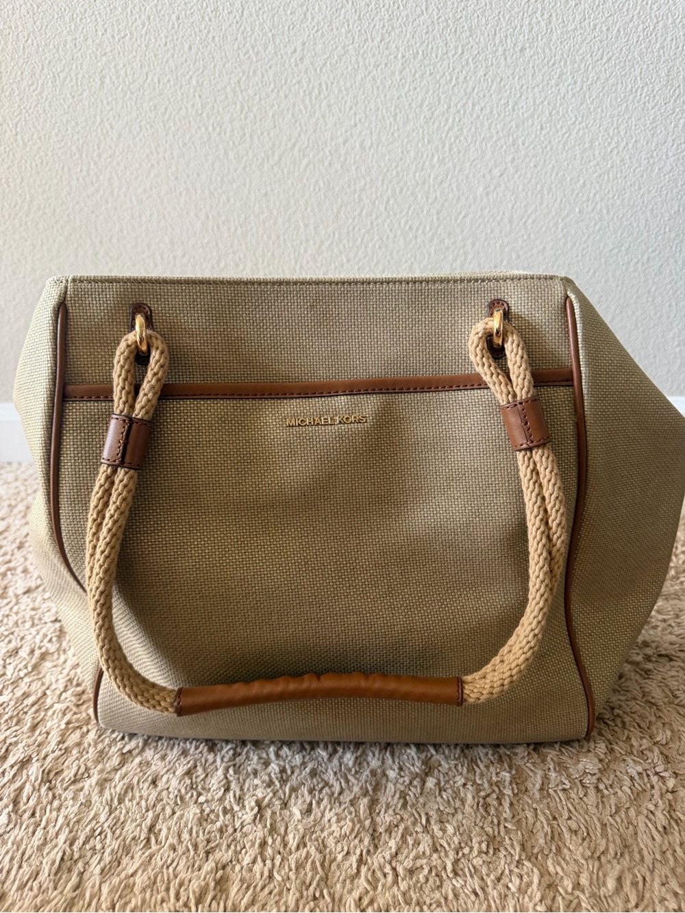 Michael Kors Tan Canvas Tote with Braided Rope Handles